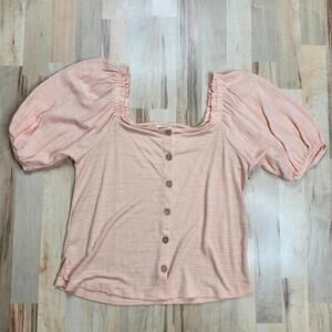 Peach Puff Sleeve Button Front Top | Size L | Cottagecore Blouse